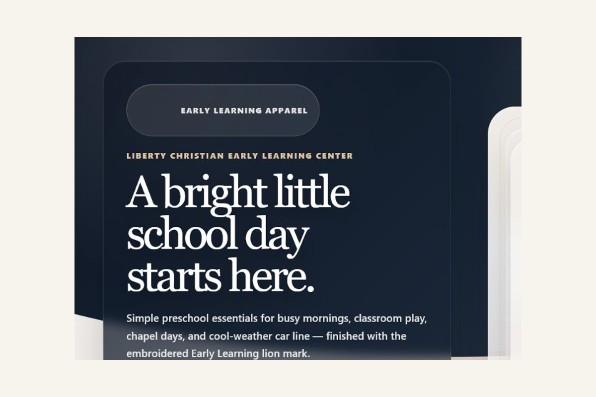 Branded school apparel storefront with guided category navigation.